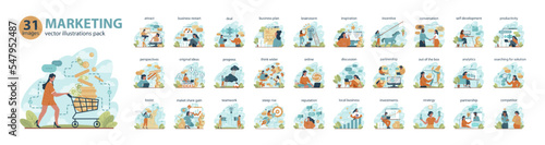 Marketing conceptions big set. Commercial project launching and promotion.