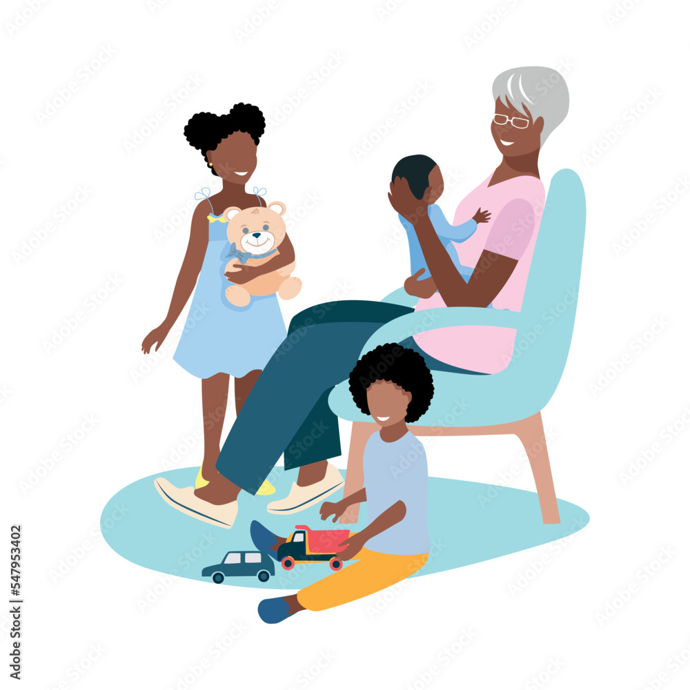 Grandmother have fun together with her grandchildren. Happy time with family. Vector illustration isolated on white background. Grandmother have fun together with her grandchildren. Happy time with family. Vector illustration isolated on white background.