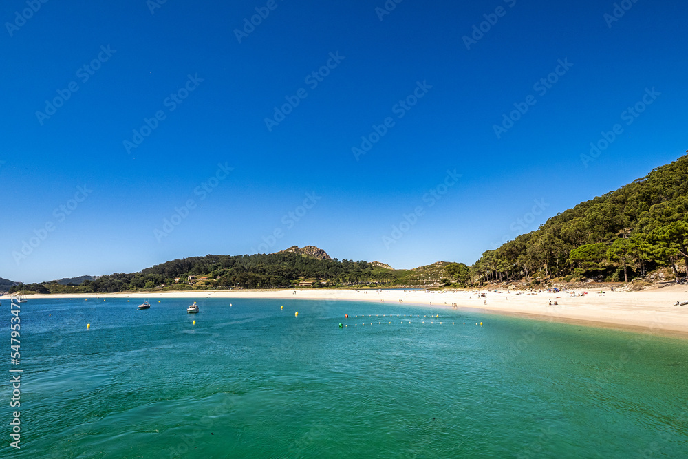 Beach of Rodas in Cies Islands, white sand and clear turquoise water, Galicia, Spain