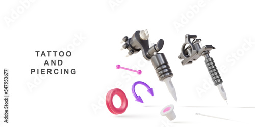 3d realistic poster tattoo and piercing, piercing, tattoo machine, Tattoo Needles and tattoo plastic jar. Vector illustration.