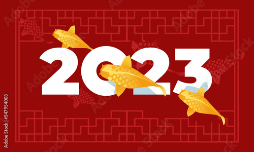 red chinese new year card with golden carp on red geometric pattern background. Vector flat decor illustration. Asian traditional.