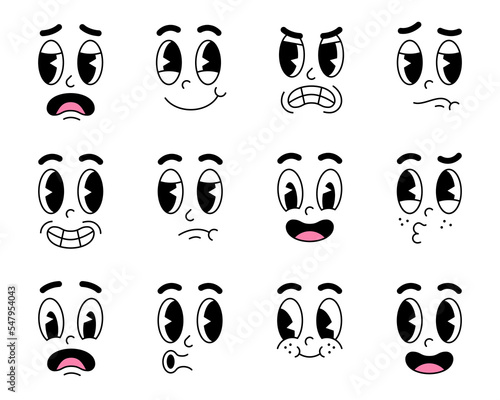 Retro cartoon and comic facial expressions. Old cartoon style faces with different emotions. Retro emoji vector set.
