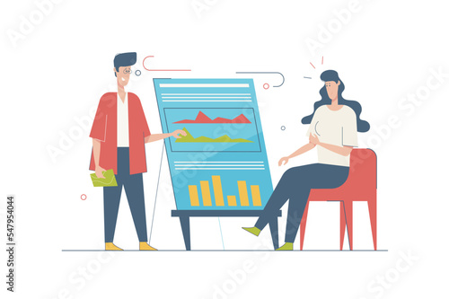 Business meeting concept with people scene in flat cartoon design. Woman and man discussing and analyzing data at presentation, briefing tasks. Vector illustration with character situation for web