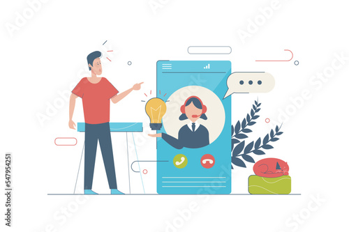 Customer support concept with people scene in flat cartoon design. Man talking with operator by mobile phone. Woman generates ideas and solutions. Vector illustration with character situation for web