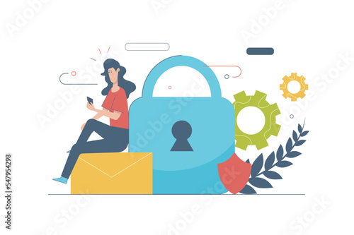 Cyber security concept with people scene in flat cartoon design. Woman using mobile apps with protection system for secure personal information. Vector illustration with character situation for web