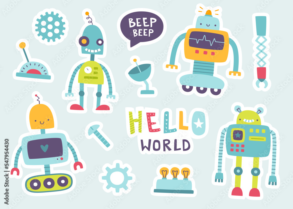 Obraz premium Cute robots stickers set for kids. Cartoon robotic collection. Funny machine sticker pack.
