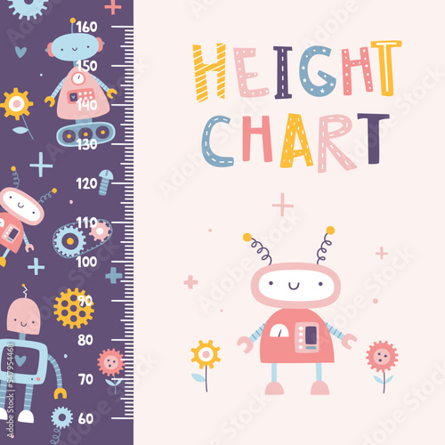 Height chart with girly pink robots. Cartoon ruler with robots. Cute girly stadiometer.