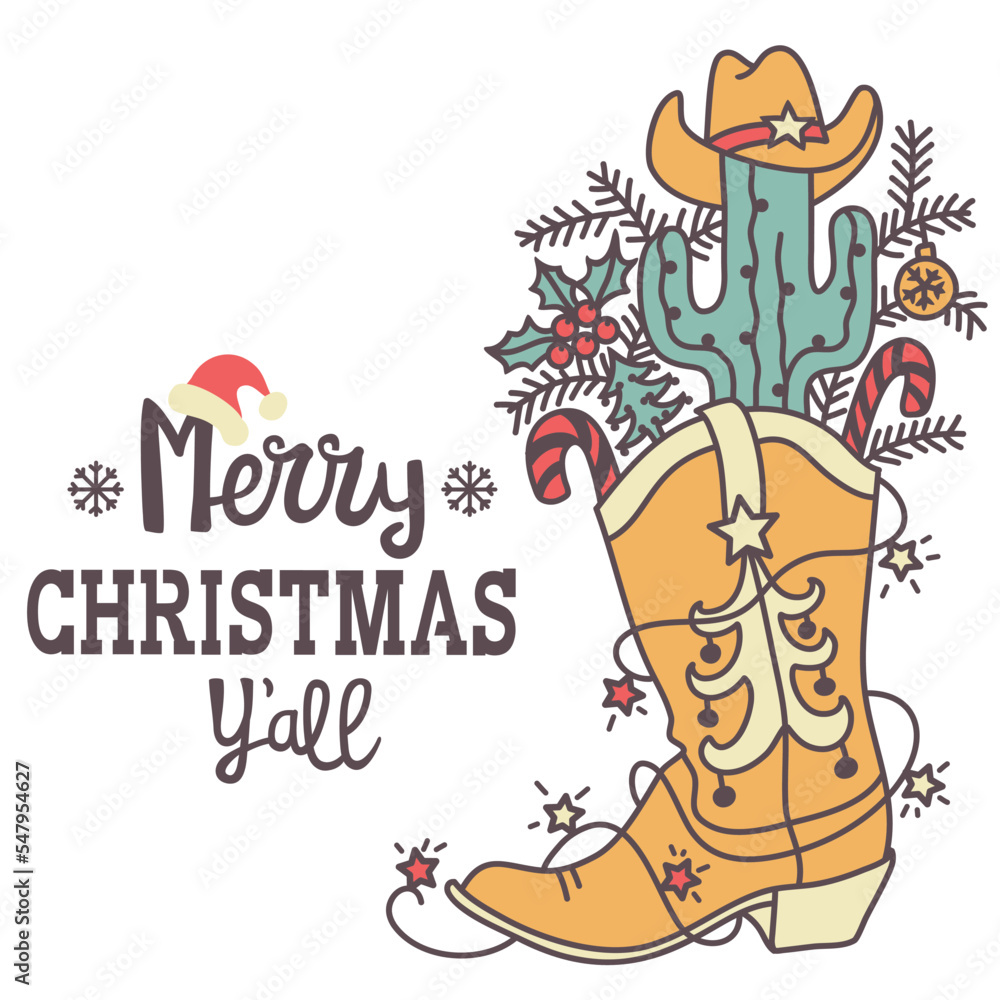 Fototapeta premium Cowboy Christmas with holiday Merry Christmas text. Vector Western and cactus Christmas decortion isolated on white for desgn.