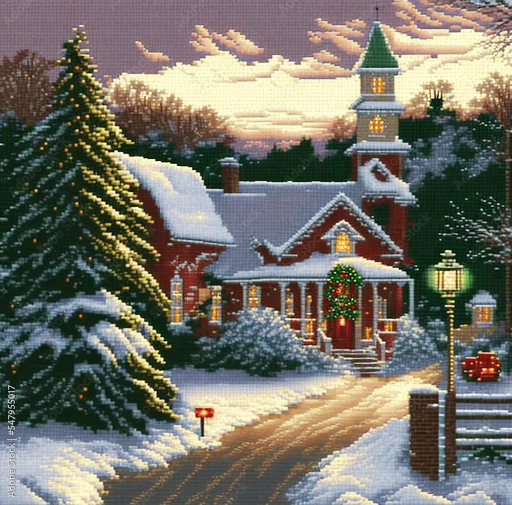 Christmas cross stitch embroidery, Vintage Needlepoint New Year celebration, Christmas knitted canvas illustration