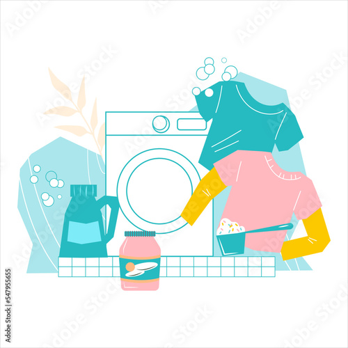 Laundry service and washing detergents emblem or banner design with washing machine, flat vector illustration isolated on white background. Laundry and washhouse banner.