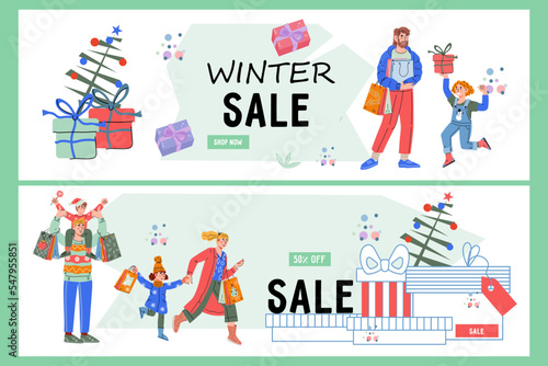Christmas shopping banner, flyer or leaflet templates bundle with happy people characters. Set of posters for advertisement of Christmas fair or market, flat vector illustrations set.