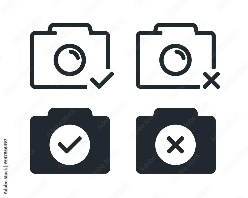 Camera icon with checkmark and cross mark. Illustration vector Camera icon with checkmark and cross mark. Illustration vector