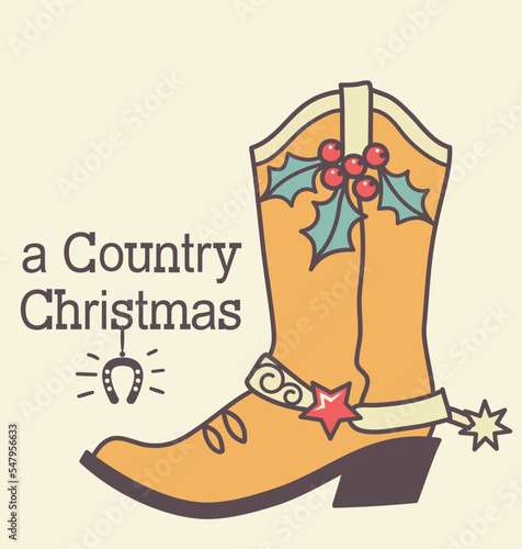 Cowboy Country Christmas with cowboy boots and holiday Merry Christmas text. Vector Christmas hand drawn color illustration with holiday decortion. photo