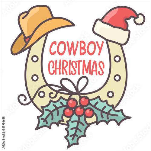 Cowboy Christmas horseshoe with holiday symbols. Vector illustration Country Christmas with cowboy hat and Santa hat isolated on white.