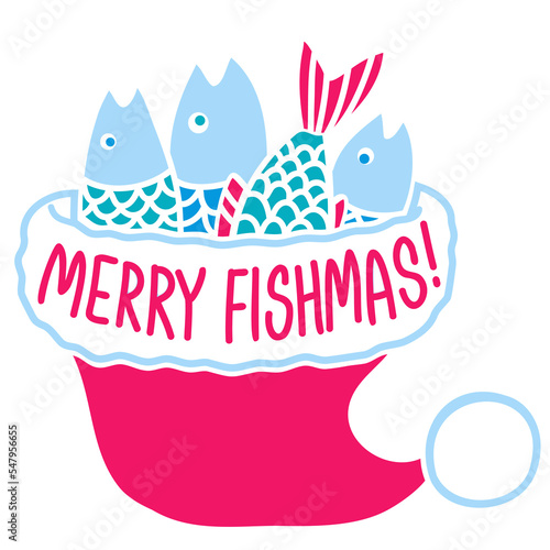 Christmas fishing. Fishes in Santa red hat. Vector winter fishing illustration with holiday text isolated on white. Merry fishmas christmas symbol.