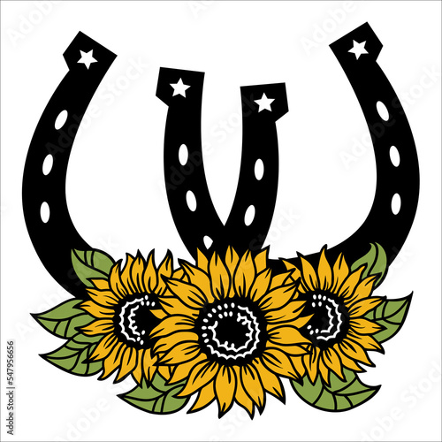 Horseshoe flowers decoration. Vector two horseshoes sunflowers decor isolated on white for wedding, for design, for invitation.
