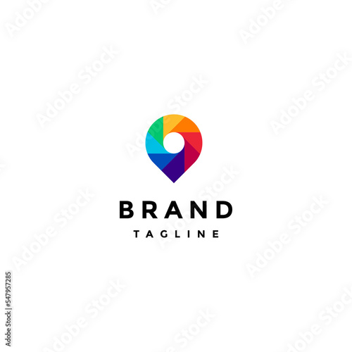 Pin Icon with Colorful Shutter Motif Logo Design. Colorful Shutter Motif Rotating Inside Hot Spot Pin Icon Logo Design.