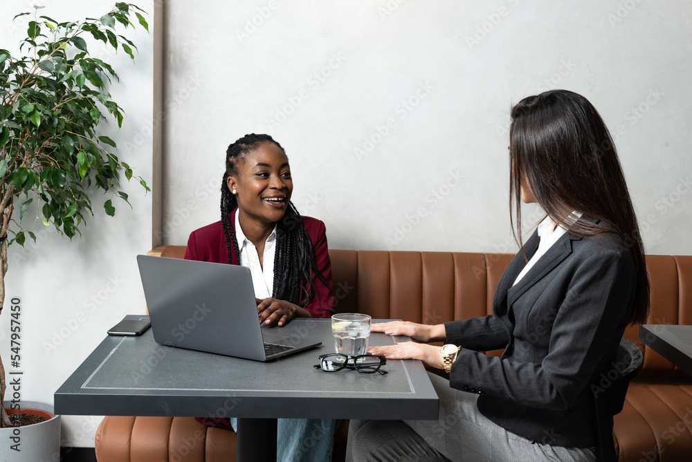 Obraz premium Two young successful women friends and business partners monitor the statistics of their business on a laptop computer and the jump in the value of their small company shares on the stock market.