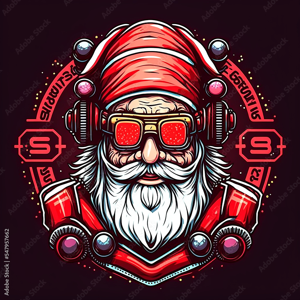 Futuristic Cyberpunk Santa Claus, Cyborg Saint Nicholas, Christmas Santa mascot, Virtual reality Gaming, St. Nick robot Illustration
