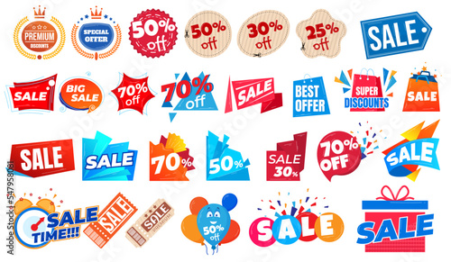 Discount sale banners and icons for shopping stickers or tags isolated vector illustration isolated on white