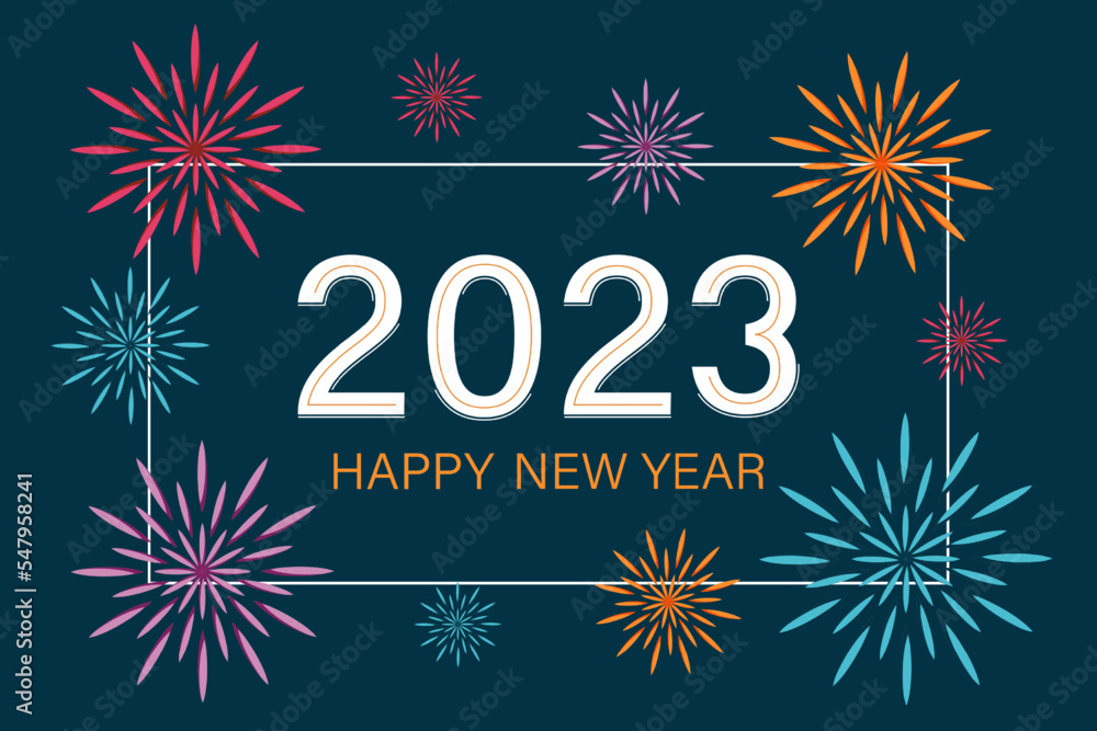 Happy New 2023 Year. Holiday vector illustration with fireworks on background