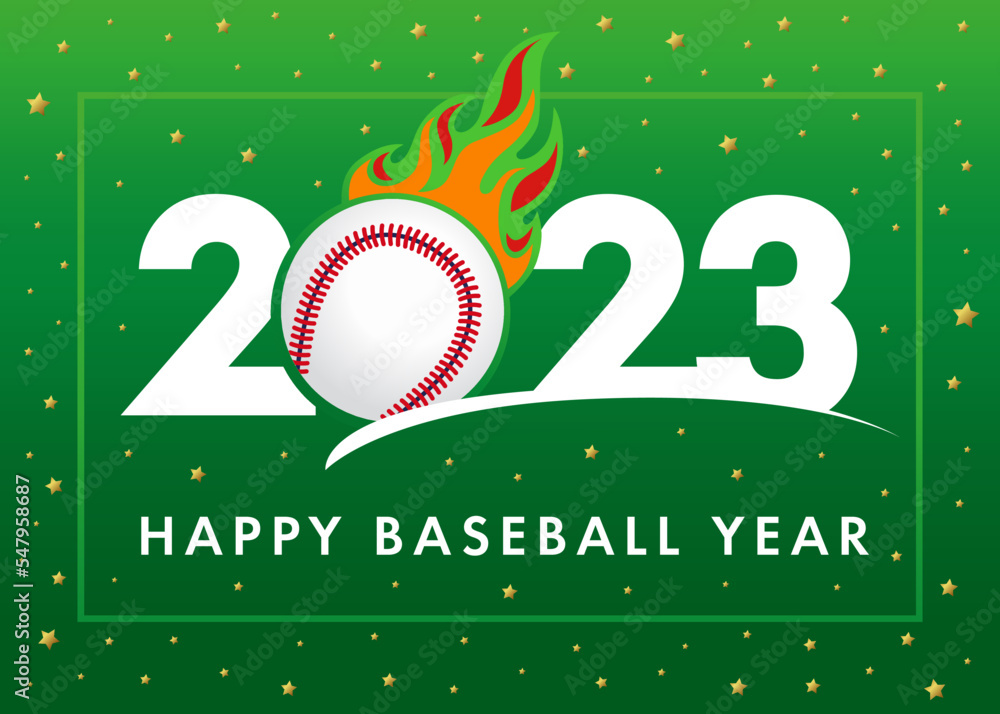 Happy Baseball Year 2023, green banner. Sport cover background logo
