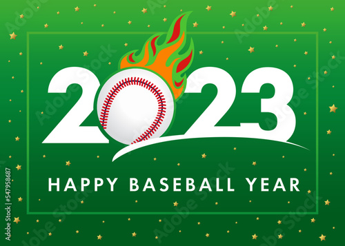 Happy Baseball Year 2023, green banner. Sport cover background logo 2023 with ball in fire. Vector Illustration for tournament design or competition calendar