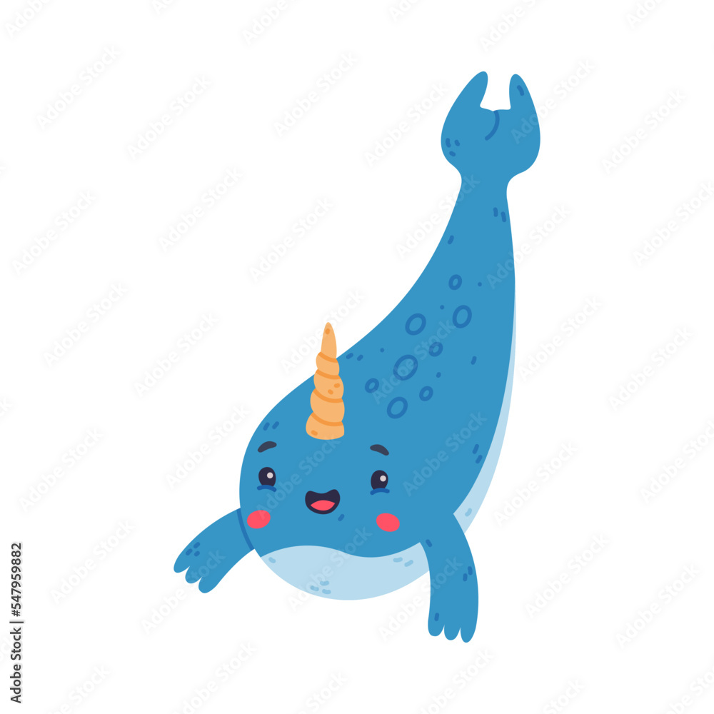 Cute happy baby narwhal. Swimming sea mammal animal cartoon character vector illustration Cute happy baby narwhal. Swimming sea mammal animal cartoon character vector illustration