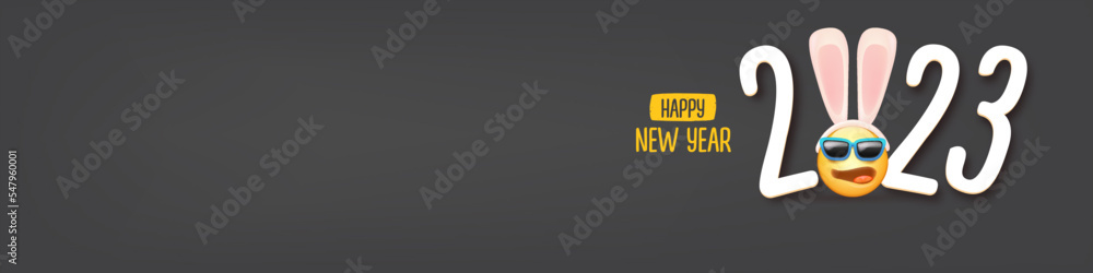 2023 Happy new year horizontal banner with funny smile face with rabbit ears and sunglasses isolated on grey background. 2023 new year banner, poster, flyer, cover with funny cute rabbit 2023 Happy new year horizontal banner with funny smile face with rabbit ears and sunglasses isolated on grey background. 2023 new year banner, poster, flyer, cover with funny cute rabbit