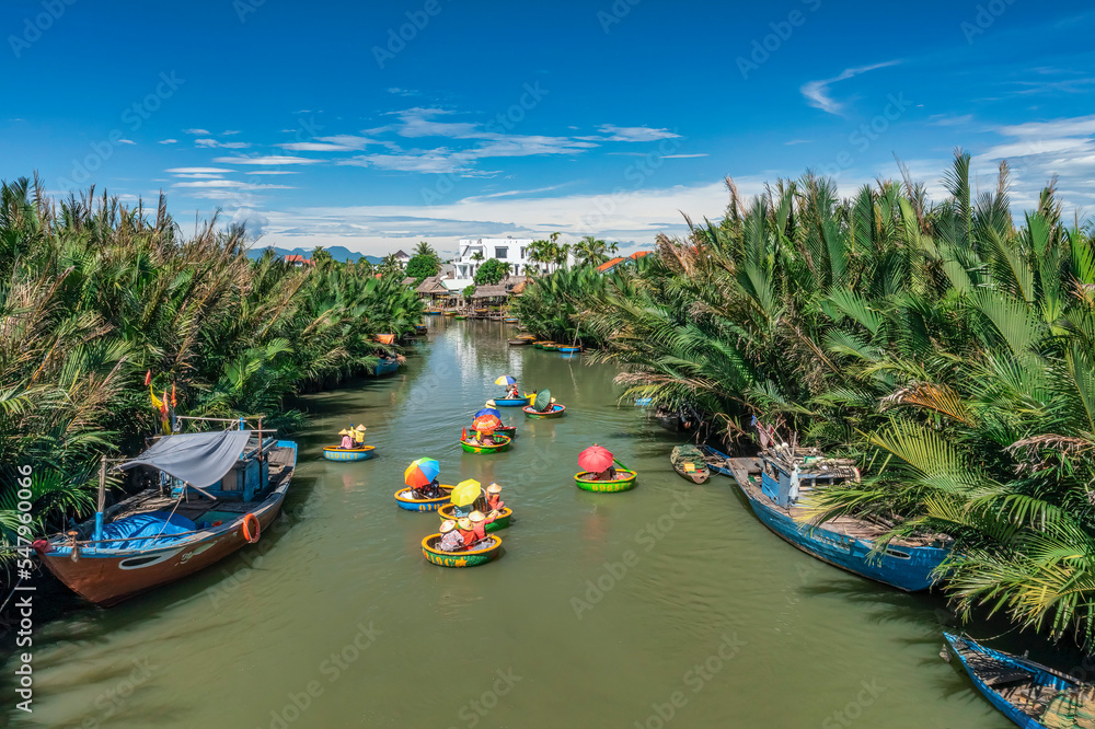 VIEW OF RUNG DUA BAY MAU OR COCONUT WATER ( MANGROVE PALM ) FOREST 7 HECTA IN CAM THANH VILLAGE, HOI AN ANCIENT TOWN, UNESCO WORLD HERITAGE, VIETNAM. HOI AN IS ONE OF THE MOST POPULAR DESTINATIONS