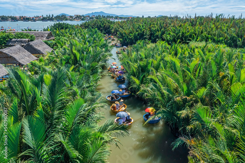 VIEW OF RUNG DUA BAY MAU OR COCONUT WATER ( MANGROVE PALM ) FOREST 7 HECTA IN CAM THANH VILLAGE, HOI AN ANCIENT TOWN, UNESCO WORLD HERITAGE, VIETNAM. HOI AN IS ONE OF THE MOST POPULAR DESTINATIONS photo