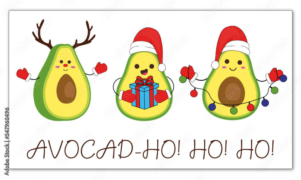 cute christmas and happy new year greeting card with avocado