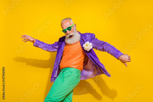 Canvas Print Photo of funny charming man wear purple velvet jacket having fun discotheque iso
