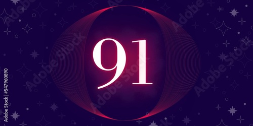 Number 91. Banner with the number ninety one se on a blue background and blue and purple details with a circle purple in the middle photo