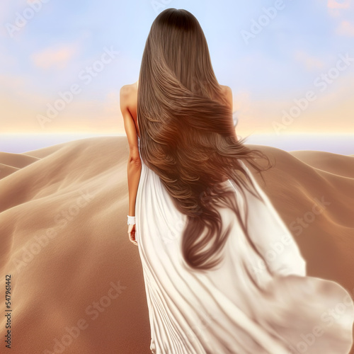 one beautiful woman with fight long hair from back at desert with layers of sand dunes at sunset with white dress generative ai 