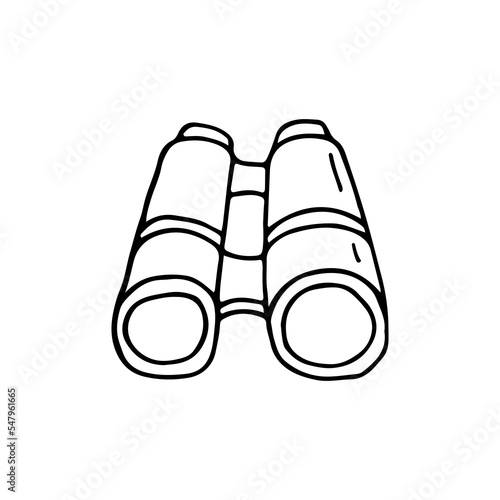 Tourist binoculars, long-range vision device. Optical equipment of the image amplifier. Metal black binoculars. Doodle. Hand drawn. Vector illustration. Outline.