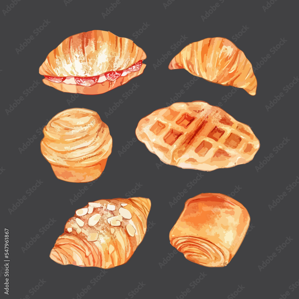 Set of pastries in watercolor style vector illustration. Croissant, croffle, cruffin, pain au chocolat.