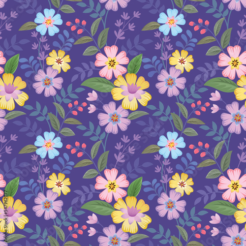 Blooming flowers and leaf on purple color background seamless pattern.