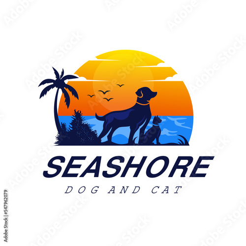 Vector Illustration Pets dog and cat island view background, lake, sun can be used pet shop
