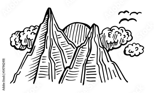 Mountain vector illustration, landscape mature silhouette element outdoor icon snow ice tops and decorative isolated camping travel climbing or hiking.