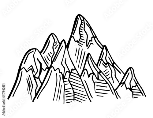 Mountain vector illustration, landscape mature silhouette element outdoor icon snow ice tops and decorative isolated camping travel climbing or hiking.