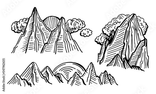 Mountain and landscape set isolated on white background. Hand drawn rocky peaks in sketch style. Vector illustration.