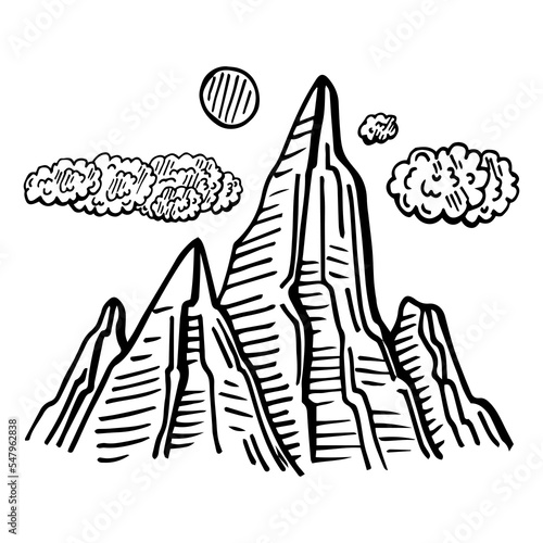 Mountain vector illustration, landscape mature silhouette element outdoor icon snow ice tops and decorative isolated camping travel climbing or hiking.