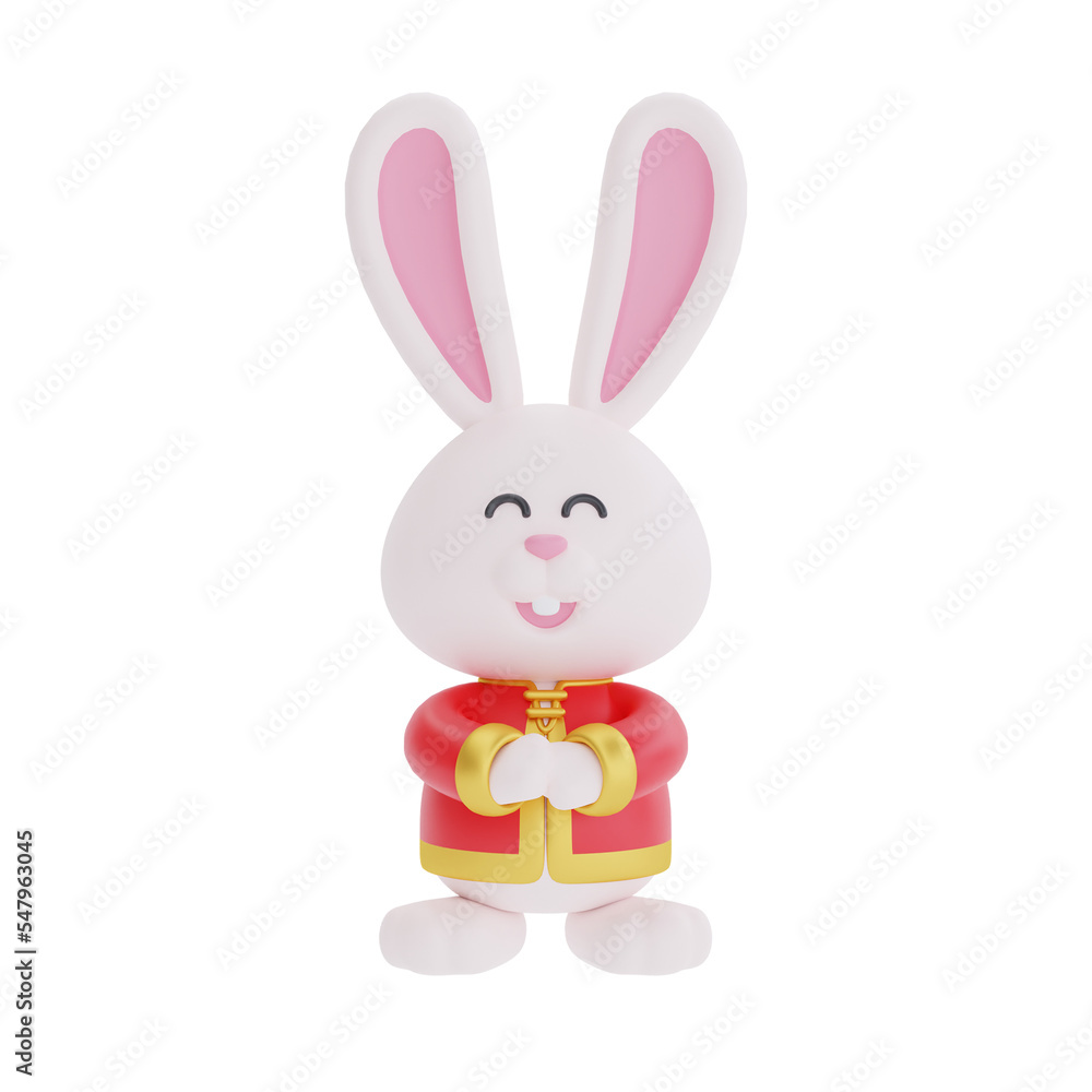 3D cute rabbit cartoon character isolated, element for Chinese new year, Chinese Festivals, Lunar, CYN 2023, Year of the Rabbit, 3d rendering.