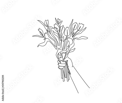 Continuous line drawing of hand holding bouquet of flowers. Hand holds peony tulips flower simple line art with active stroke.  Florist concept.