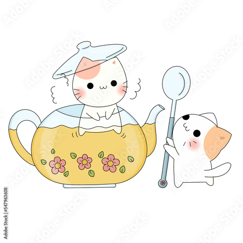 Afternoon tea with Cute cat in teapot And spoon 