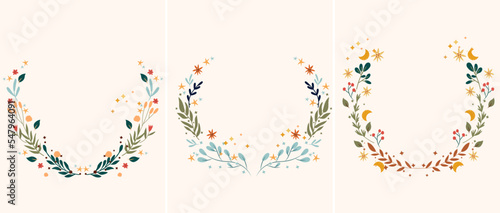Bright floral wreath with wildflowers, colorful leaves, moon and stars around. Set Vintage floral frame Perfect for greeting cards, poster, postcard, banner. Vector illustration.