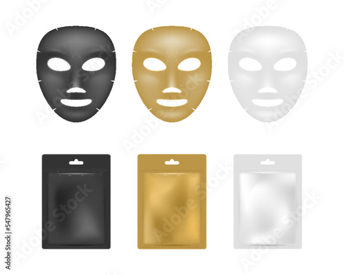 Realistic facial sheet masks set. Face masks and sachet package mockup set isolated