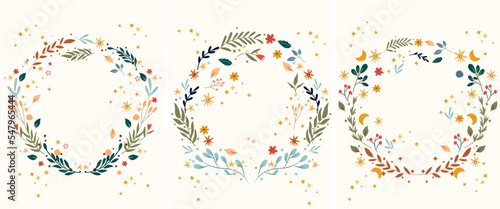 Vintage floral wreaths with colorful flowers, leaves, moon and stars around. Bright floral frame Perfect for greeting cards, poster, postcard, banner. Vector illustration.