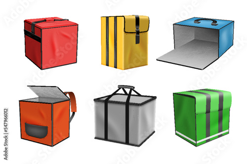 Realistic closed open delivery backpack bag for grocery courier service. Shipping commercial food